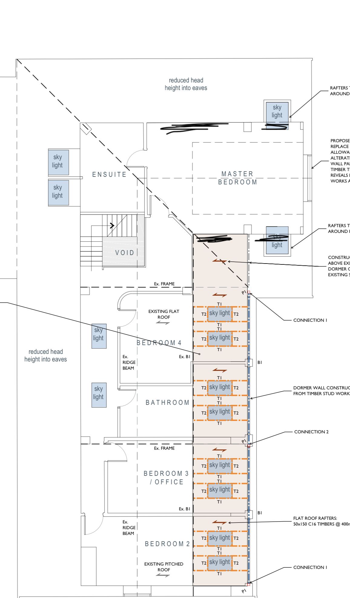 Architectural first floor plan with annotations marking rafters, connections and dormer construction